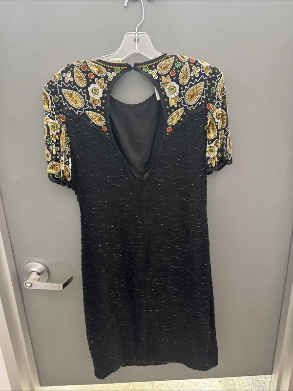 1980s Laurence Kazar NY Beaded Multicolor Bodice Dress Size L VTG 100 Silk 3989 - Image 7