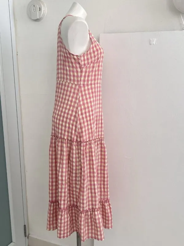 Nanette Lepore Gingham Plaid Crinkle Tiered Midi Dress 10 Pink Yellow NWOT - Image 3