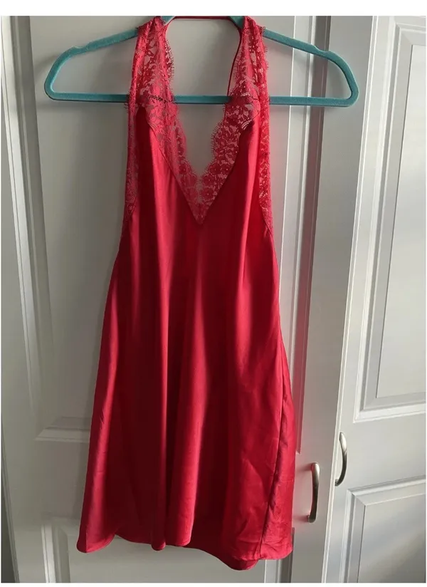 Victoria’s Secret Red Nightie Lingerie Medium Plunge Back V-Neck Lace Accents - Image 2