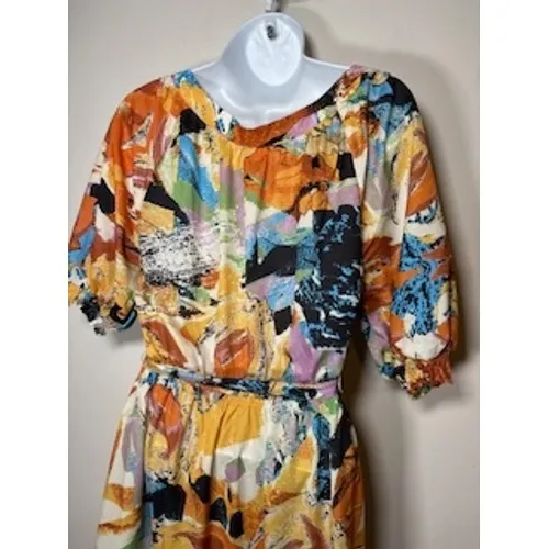 FLYING TOMATO Midi Dress Small Abstract Floral Tiered Boho Puff‎ Sleeve Art Belt - Image 5