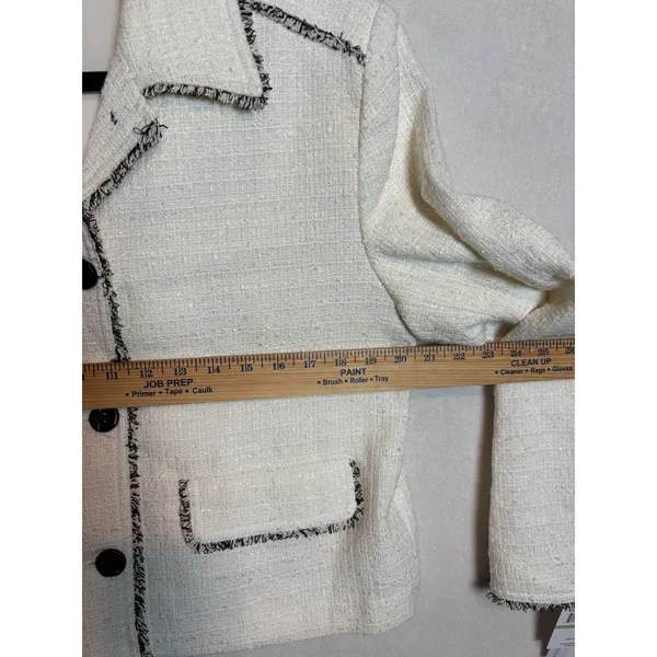 Amanda + Chelsea Natural Tweed Fringe Button Front Jacket Cream Black NWT M - Image 10