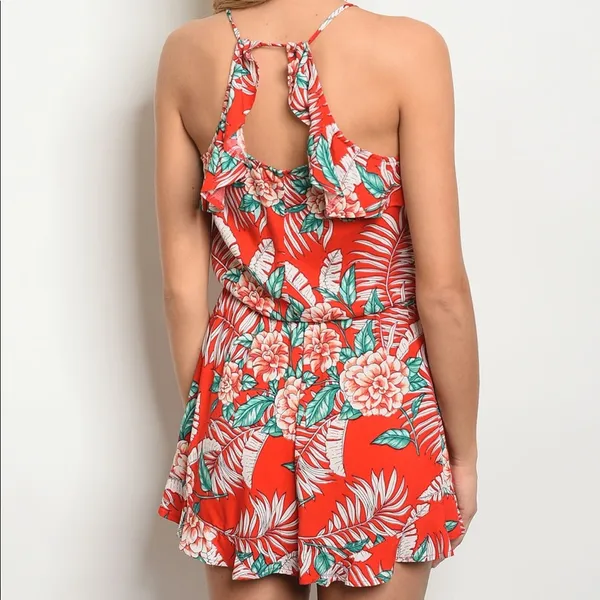 Red Ruffle Romper Tropical Floral - Image 3