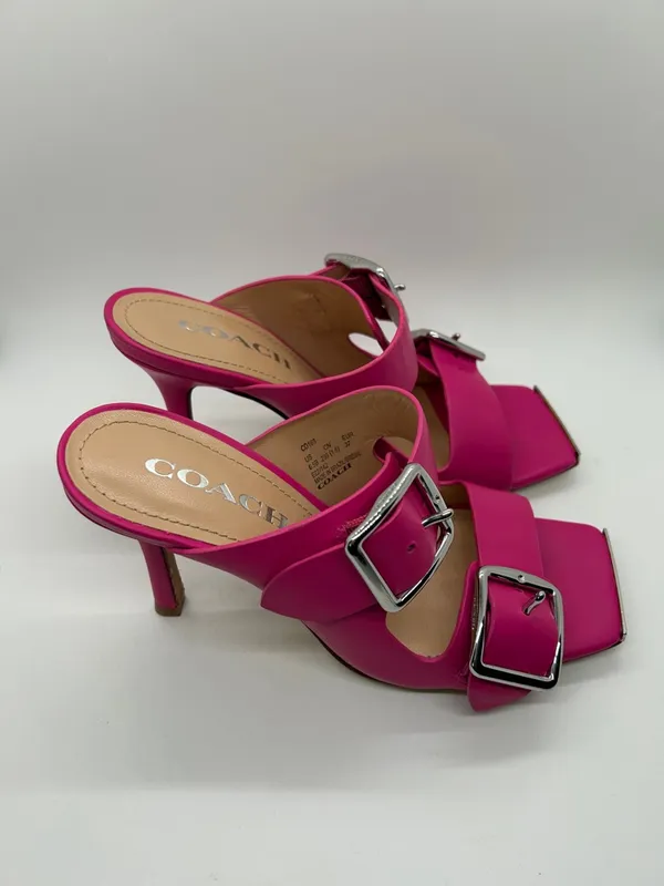 COACH Bright Pink Leather Double-Buckle Slide Stiletto Heels Shoes *Size 6.5* 🌸🌸 - Image 4