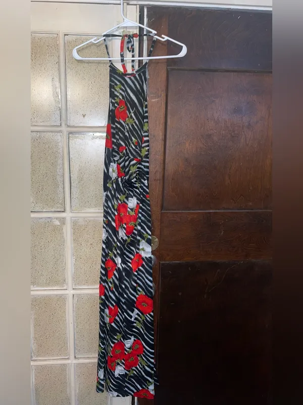 Vintage Floral Halter Zebra Maxi Dress, Red Floral on Black - Sz XS - Image 2
