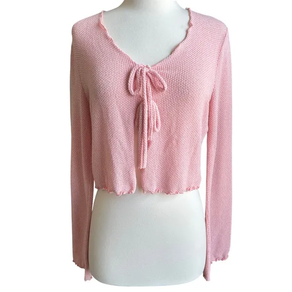 Paper Moon Pink Tie Open Front Cropped Cardigan Lrg Knit Y2K Fairy Coquette‎ 90s - Image 2