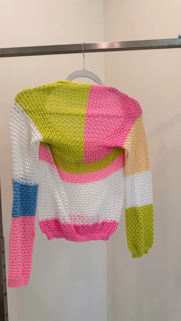 Womens Colorblock Open Knit Pullover Sweater Crew Neck Long Sleeve S - Image 3
