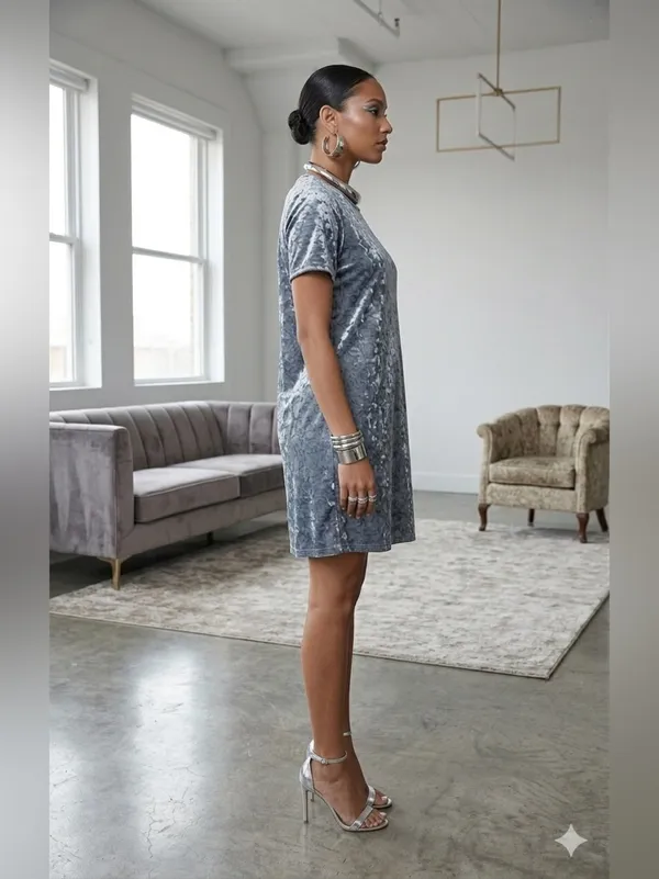POL Velvet Mini Dress Size S Gray Ice Blue Crushed Velvet Shifter Short Sleeve - Image 2