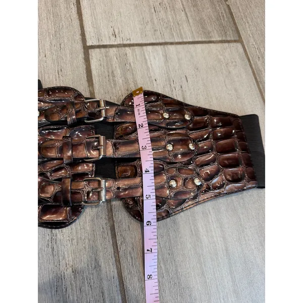 Vintage Wide Stretch Waist Belt Brown Croc Embossed Adjustable Triple Buckle 2X - Image 6