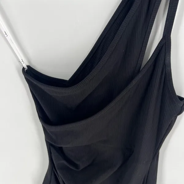 Lulus Womens Size M Black Ribbed One-Shoulder Tulip Hem Faux Wrap Dress‎ M - Image 5
