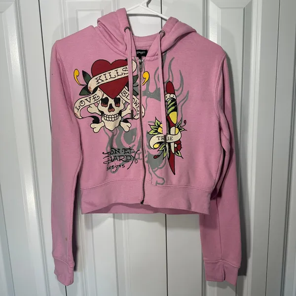 Ed Hardy Hoodie Womens Large Pink Love Kills Tiger Full Zip Cropped Sweatshirt - Image 2