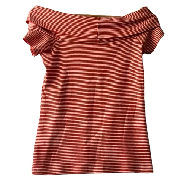 J. Crew Red Coral Striped Off-Shoulder Foldover Blouse Women's‎ XS Cotton Knit - Image 3