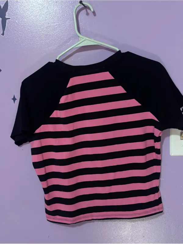 tokidoki cropped Pink & Black Heart Crossbones Stripe Tee - Image 3