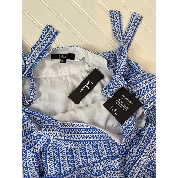 NWT Lulus Chic in Santorini Blue & White Tie-Strap Dress With Pockets Swing Sz S - Image 4