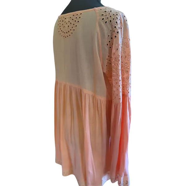 Free People Peach Embroidered Boho Tunic Top Small Sequin Eyelet Bell Sleeve - Image 7