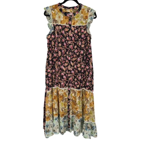 Anthropologie Sleeveless Ruffled Patchwork Floral Tiered Midi Dress Size Large - Image 5