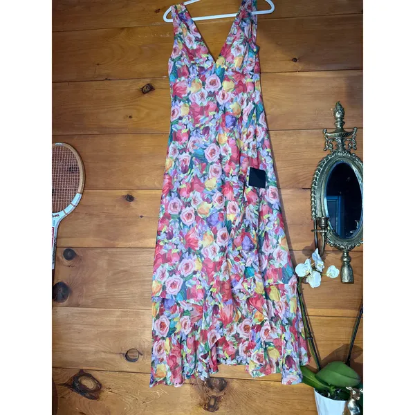 NWT Lulus Laraline Red Multi Floral Ruffled Cowl Back Maxi Dress Cruise Resort L - Image 2