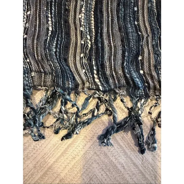 Blue White Metallic Sheer Striped Scarf Lightweight Woven Fringe Wrap - Image 2