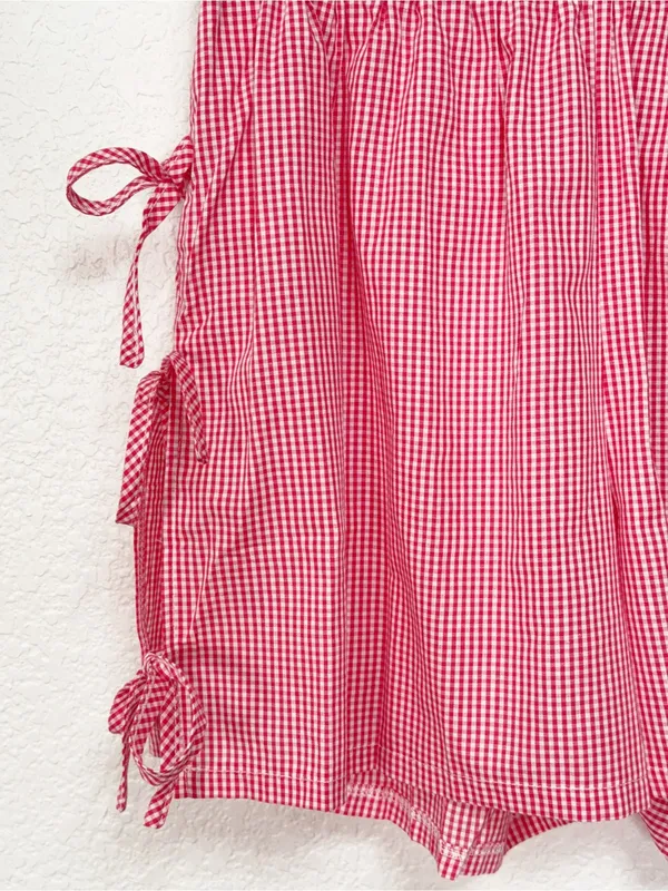 Miss Sparkling Red Gingham High Waist Shorts Side Tie Pocket Cottagecore Summer - Image 4
