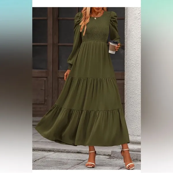 Kirundo smocked olive green long sleeve maxi dress - Image 2