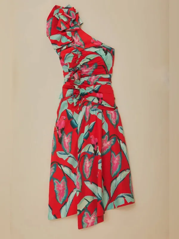 Farm Rio Red Summer Foliage One Shoulder Maxi Dress - Image 5