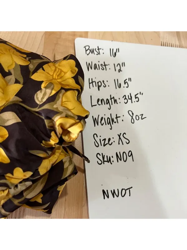 Floret Cottagecore Dark Floral Ruched Square Neck Dress Yellow Brown XS NWOT - Image 14