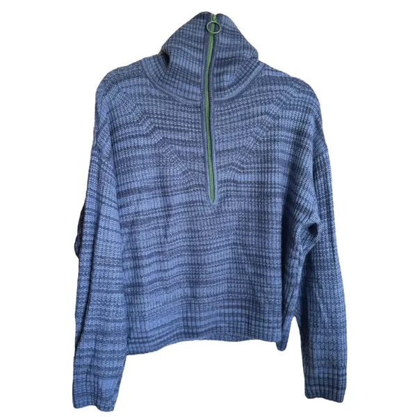 5/$65 Aerie Womens Sweater Sz S‎ Blue Funnel Neck Quarter Zip Green Stripe - Image 4