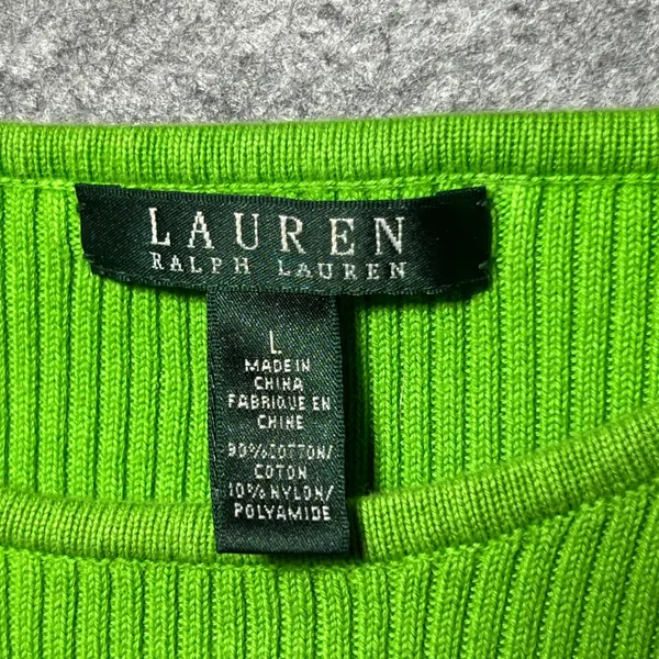 Lauren Ralph Lauren Lime Green Navy Striped Ribbed Sweater Gold Button L‎ - Image 2