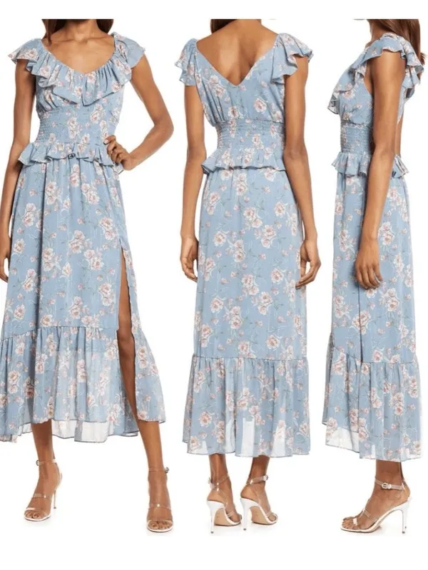 NWOT Floret Studios sz Small Blue Floral Ruffle Maxi Dress with Smocked Waist - Image 2