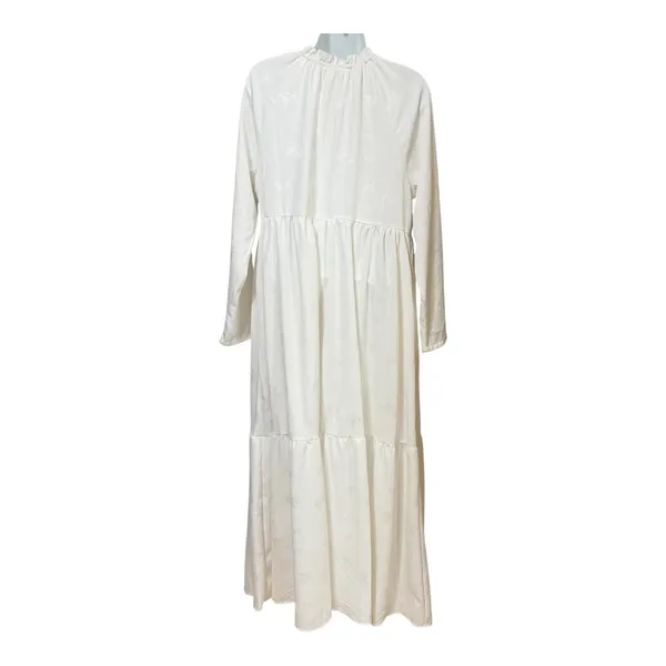 Fehrnvi Apparel White‎ Floral Jacquard Tiered Maxi Dress Long Sleeve Tie Neck M - Image 4