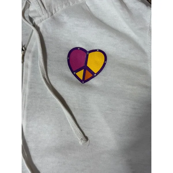 Zip Up Hoodie Womens L White Give From The Heart Rhinestone Peace Graphic - Image 10