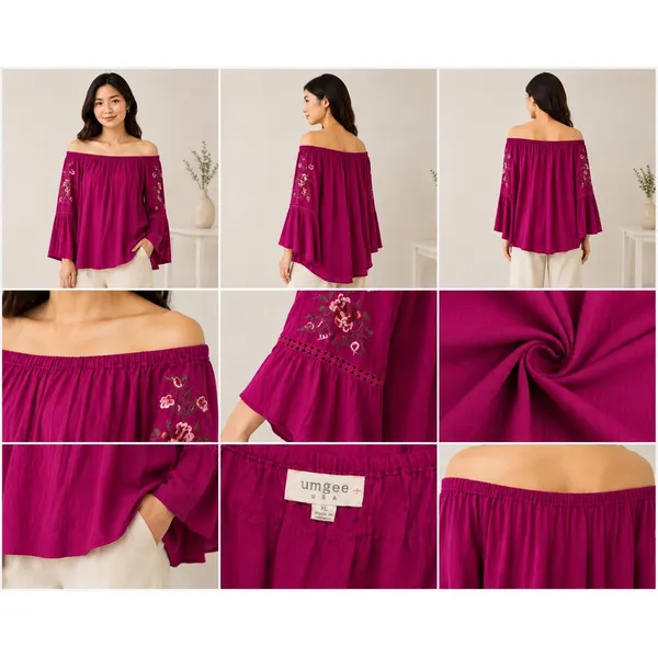 Umgee Magenta Off the Shoulder Embroidered Bell Sleeve Boho‎ Blouse XL Purple - Image 6