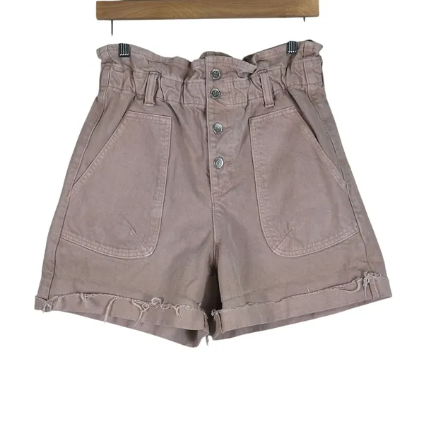 Zara Paperbag Waist Solid Denim Shorts Mauve High Rise Button Fly Raw Hem Size 6 - Image 2