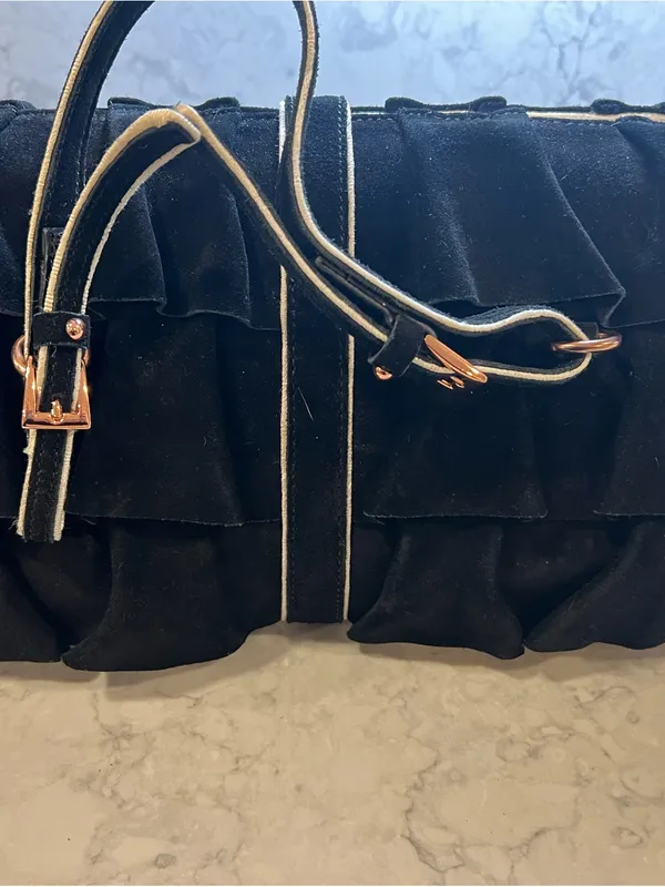 Black Ruffle Suede Satchel with Gold Accent - Image 10