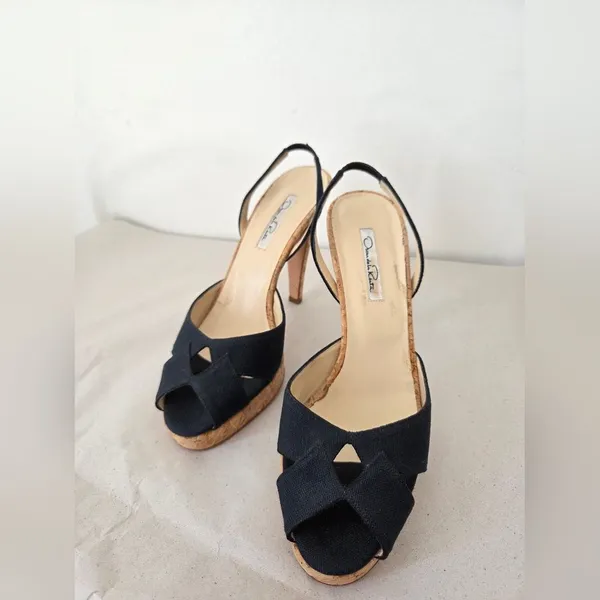 Oscar De La Renta Canvas Stilletto Heels Black Cork Designer Career Office EU 39 - Image 3