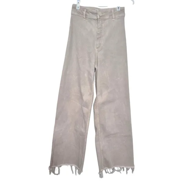 Zara Marine Straight Jean Hi-Rise Wide-Leg Frayed Hem Light Beige Size 0 - Image 2