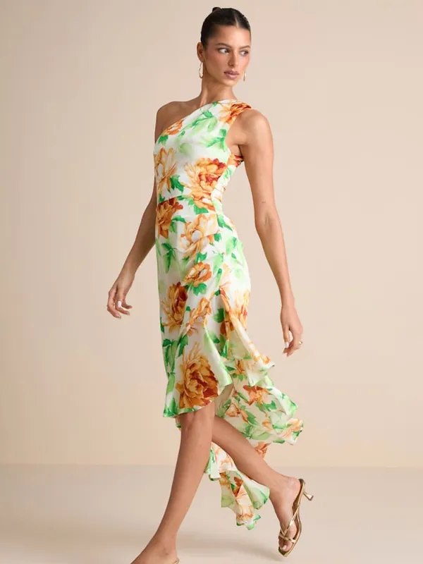 Lulus Divinely Blooming White Multi Floral One‎ Shoulder Midi Dress Small - Image 3