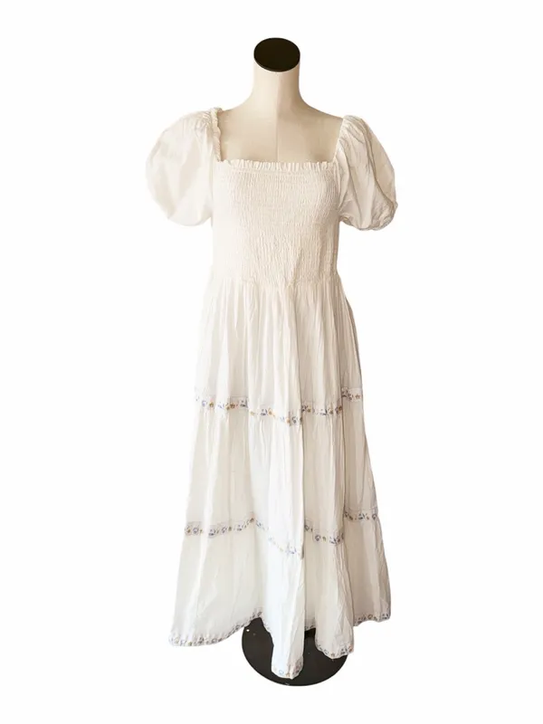 NWT Rachel Zoe White Puff-Sleeve Smocked Maxi Dress Floral Trim Cotton 10 - Image 2