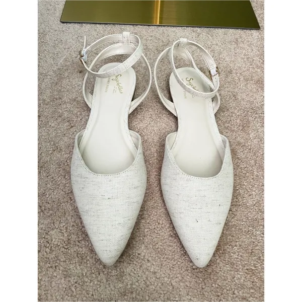 New Seychelles Memory Foam Footbed Pointed Toe Linen Strap Flats Size 10M Cream - Image 2