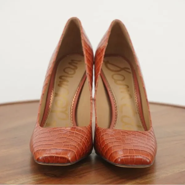 Sam Edelman Beth Cinnamon Croc Embossed Leather Square Toe Stiletto Heels 8 - Image 8