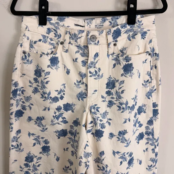 Old Navy OG Loose High Rise Floral Toile Jeans Blue Cream Tall 4 - Image 4