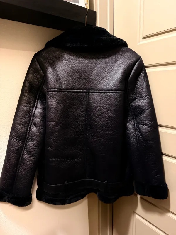 Black Faux Shearling Moto Coat - Image 3