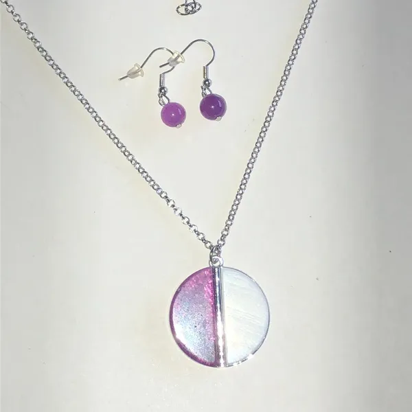 Silver Tone Purple & White Half-Moon Pendant Necklace and Earring Set - Image 3