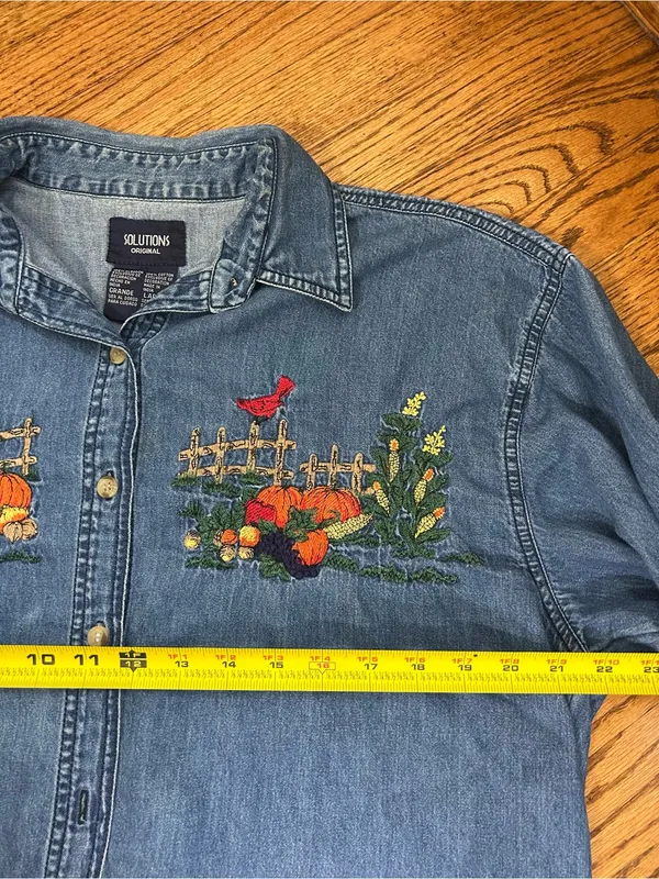 VTG 90’s Solution Originals Embroidered Fall Scene Denim Button Up Shirt Size L - Image 10