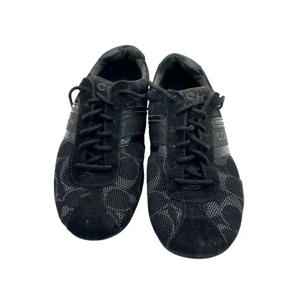 Coach Size 6 Black Monogram Sneakers Mesh Leather Trim Lace-Up Casual Shoes - Image 2