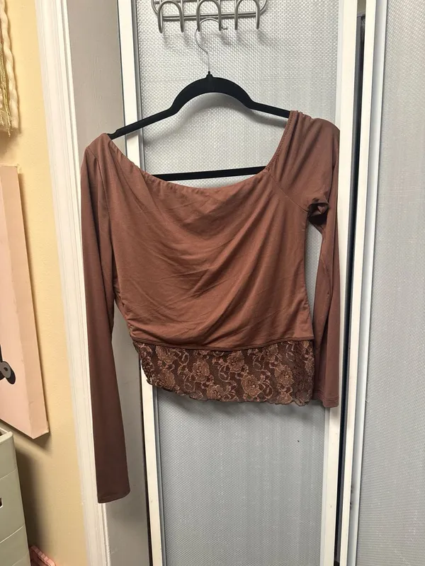 White Fox Perfect Timing Off The Shoulder Long Sleeve Crop Top in Chocolate - Image 3
