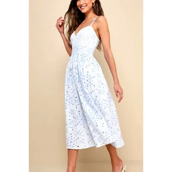 Lulus Floral Eyelet Embroidered Midi Dress Small White Blue Preppy Party Greece - Image 13