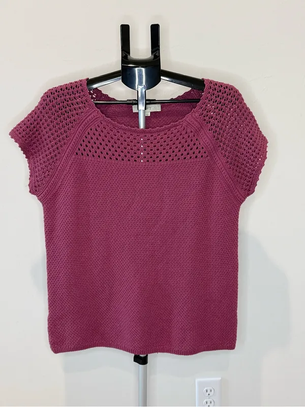 LOFT Berry Mauve Open Knit Short Sleeve Sweater Top Size L - Image 2