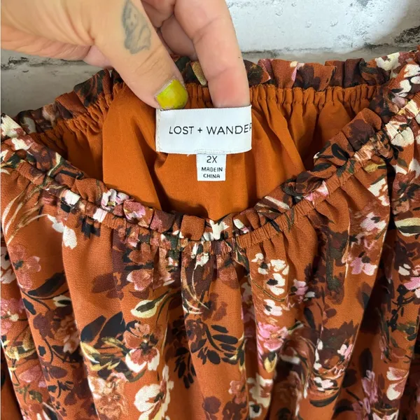 Lost and Wander Burnt Orange Terracotta Floral Peasant Blouse - Image 3