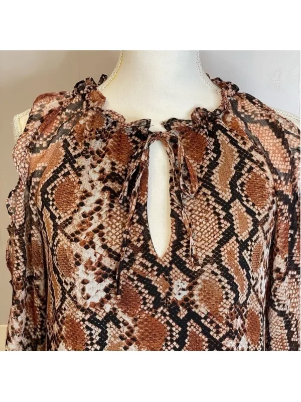 Snake Print Cold Shoulder Ruffle Blouse XS Tie Neck - Image 3