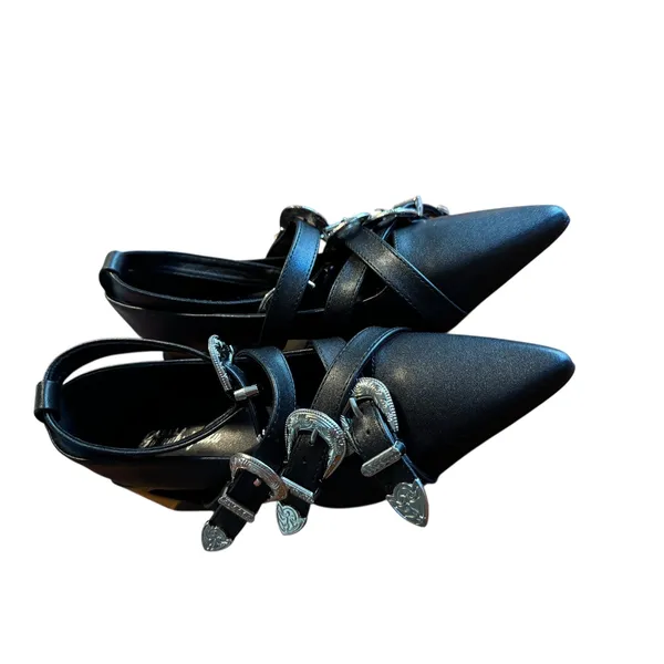 Guanghuiyuzu Black Pointed Toe Buckle Strappy Block Heels‎ Women's Size 35 - Image 11